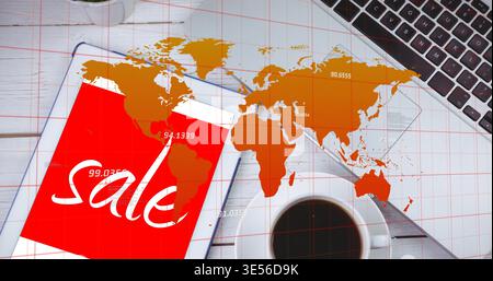 Displaying tablet showing red SALE with numeric overlays and orange map at home desk, coffee nearby Stock Photo