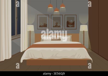 Modern night bedroom interior with floor lamps and symmetric light vector illustration. Stock Vector