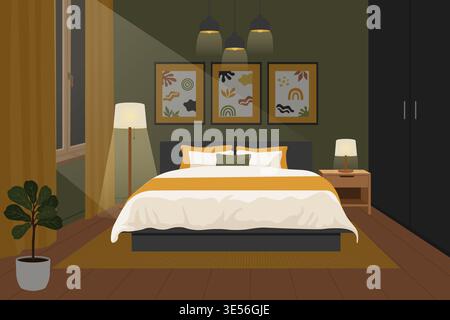 Cozy night bedroom interior with warm lamps and dark olive walls vector illustration. Stock Vector