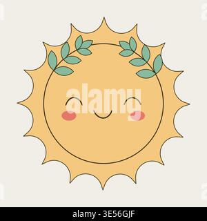Cheerful Smiling Sun Character with Laurel Wreath and Rosy Cheeks Stock Vector