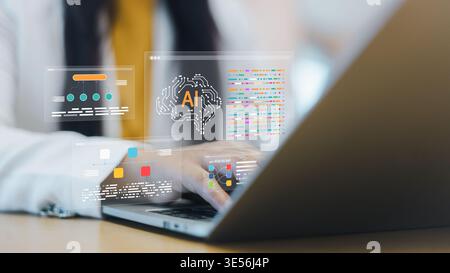 Artificial intelligence ai for business data analysis.Machine learning algorithm with neural brain interface.Automation in modern workspace. Woman usi Stock Photo