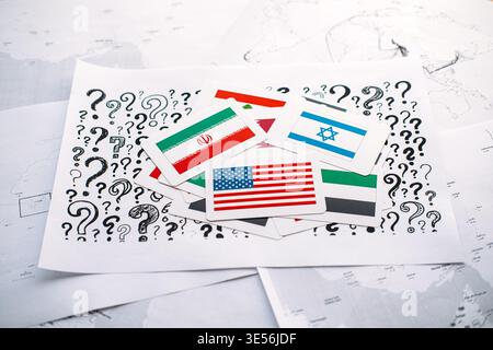 National flags of United States, Israel, Iran, and Lebanon lie on paper with question marks over world maps. US involvement in regional crises. Warsaw Stock Photo