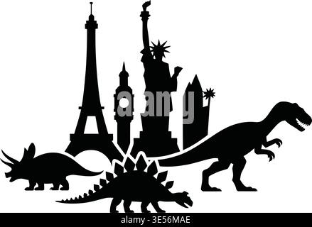 Creative black and white illustration featuring dinosaurs attacking iconic world landmarks including Eiffel Tower Statue of Liberty Big Ben and more Stock Vector