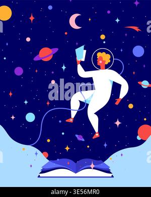 Magic space book astronaut reading concept Stock Vector