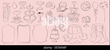 Hand-drawn wedding decor elements ready concept for cards, menu, invitations in rococo classic style, shells and drinks, frames Stock Vector
