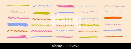 Line underline crayon with brush stroke pencil and pastel scribble color. Emphasis marker paint with chalk pen shape and doodle children kid. Strikethrough texture hand with long drawn scratch. Stock Vector
