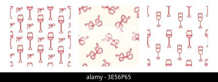 Coquette ribbon and bow illustrations with wine glasses. Vector line art for party invitations, Valentines Day cards, girly aesthetic designs, feminine celebration themes. Stock Vector
