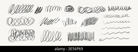 Scribble pencil brush and line pen crayon with texture scratch stroke. Doodle paint chalk and charcoal squiggle marker with thin mark effect. Vector bold flourish and hand abstract elements. Stock Vector
