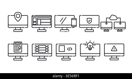 Black line desktop computer icon set with technology symbols. Stock Vector