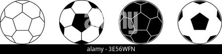Set of 4 soccer ball vector icons in different styles outline, classic, solid silhouette, and minimalist. Black and white sports equipment illustration, isolated on white background. Perfect for sports logos, web design, apps, and tournament graphics. Stock Vector