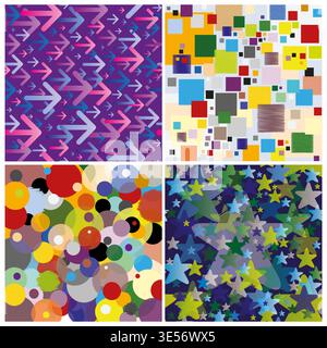 Set of 4 Background Patterns with Squares - Multicolored - Arrows, Circles, Squares and Stars - Vector Stock Vector