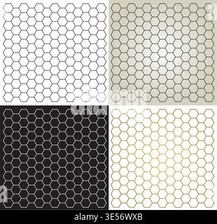 4 Hexagonal Honeycomb Patterns – Square Minimalist Geometric Black and White and Golden background - Vector Stock Vector