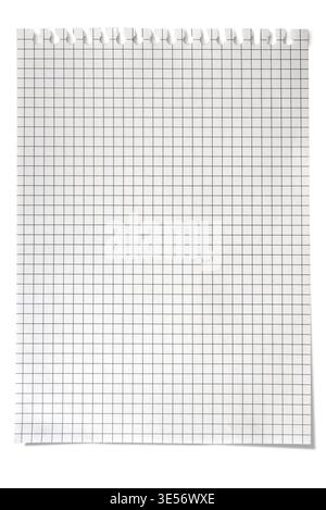 Sheet of squared paper torn from a spiral-bound notebook, isolated on white with clipping path included. Graphic resource Stock Photo