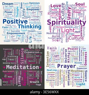 Four Word Clouds - Positive Thinking, Spirituality, Meditation and Prayer in Multiple Colors -  Vector Design Stock Vector