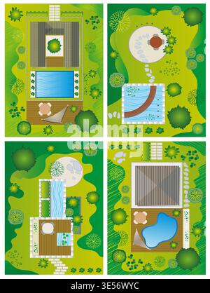 4 Landscape and Garden Plans with House and Pool - Architectural Design - Vector Design Stock Vector
