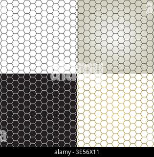 4 Hexagonal Honeycomb Patterns – Square Minimalist Geometric Black and White and Golden background - Vector Stock Vector