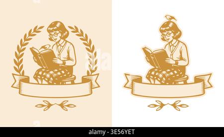 Vintage style illustration of a young woman reading a book with a small bird. Retro engraved line art. Stock Vector