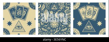Vintage esoteric vector set featuring three mystical seamless patterns. Retro boho design in limited color palette, ideal for wallpaper, textile, pack Stock Vector
