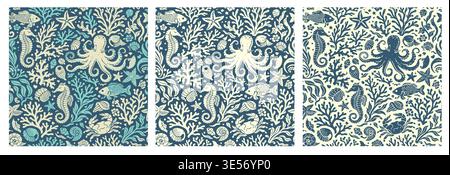 Vintage marine vector set underwater patterns with octopus, seahorse, fish, coral, shells and starfish. Retro ocean design in limited color palette Stock Vector