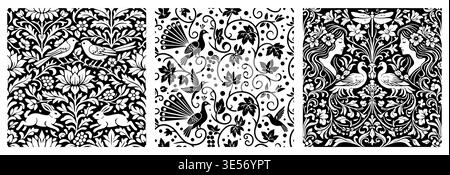 Black and white ornamental vector set featuring three intricate seamless patterns inspired by folk art and classic decorative design. Stock Vector