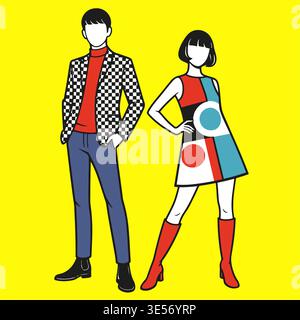Retro 1960s fashion illustration couple in mod clothing with bold geometric patterns. Flat vector design with vibrant colors, inspired by pop culture Stock Vector