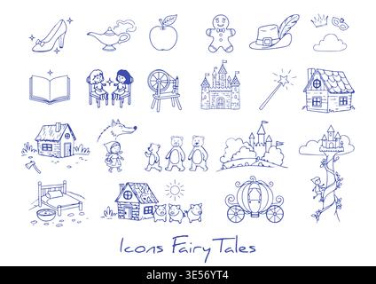 Fairy tale line icons set featuring classic story elements. Hand-drawn outline illustrations inspired by traditional fairy tales isolated on white bac Stock Vector