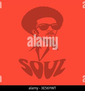 Retro soul music Stylized man with afro hairstyle and sunglasses. Bold minimal vector in warm red tones with vintage typography. 1970s funk and soul c Stock Vector