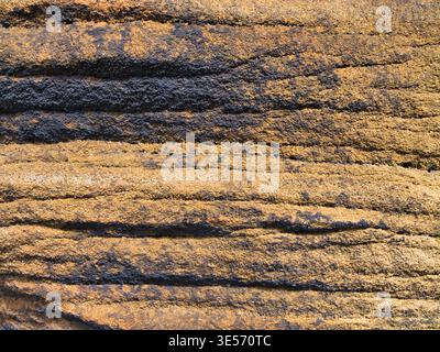 Warm light reveals the rough layered surface of millstone grit in Yorkshire UK, creating a natural abstract rock texture background Stock Photo