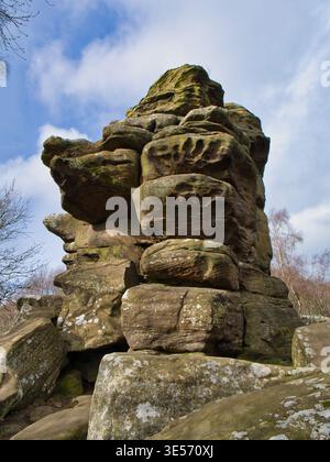 Yorkshire, UK - Mar 16 2026: Dramatic weathered stones rise at Brimham Rocks in Yorkshire UK under a bright sky creating a rugged natural landmark with striking texture Stock Photo
