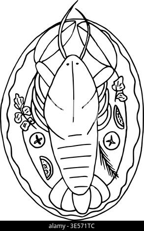 Lobster dish in hand drawn doodle style. Vector outline illustration for restaurant design. Black line art of seafood plate. Design element for gourme Stock Vector