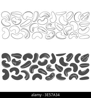 Set of black and white illustrations of cashew nuts. Isolated vector objects on white background. Stock Vector