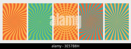 Groovy swirl red starburst horizontal backgrounds set. Retro hypnosis spiral sun rays abstract illustrations collection. Vector wavy carnival decoration. Radial stripes vintage backdrops. Stock Vector