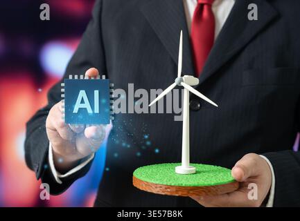 Implementing AI in wind energy improves turbine placement and efficiency. Smart monitoring increases electricity generation. Innovation enhances renew Stock Photo