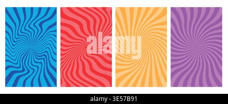 Groovy swirl red starburst horizontal backgrounds set. Retro hypnosis spiral sun rays abstract illustrations collection. Vector wavy carnival decoration. Radial stripes vintage backdrops. Stock Vector