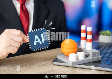 A businessman implements AI in industry using new tools and systems. Automation improves efficiency. Digital transformation, data usage, and innovatio Stock Photo