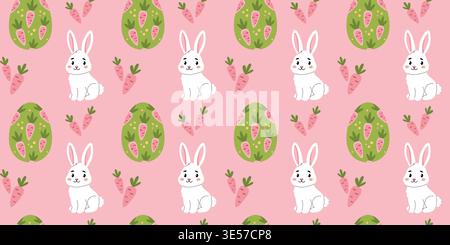 Easter seamless pattern with white rabbits and decorated eggs on pink background vector Stock Vector