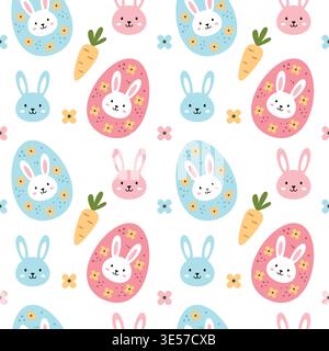 Cute Easter seamless pattern with bunnies eggs and carrots on white background vector Stock Vector