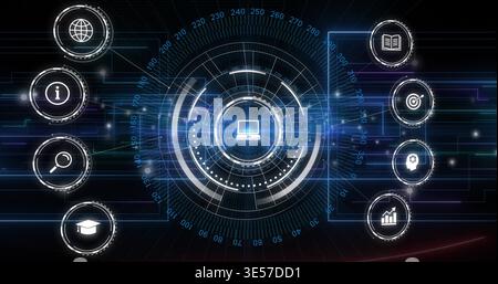 Rotating central concentric HUD displaying data flow on virtual dashboard, featuring laptop icon Stock Photo