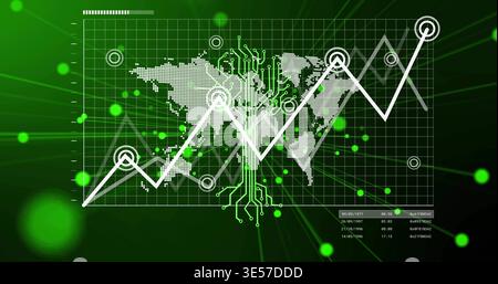 Displaying white zigzag line chart showing node markers over dotted map and grid, blending circuits Stock Photo