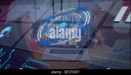 Displaying laptop showing family portrait wearing casual clothing on wooden desk with HUD overlay Stock Photo