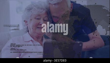 Leaning seniors in navy polo and light pink blouse viewing smartphone at home, showing code overlay Stock Photo