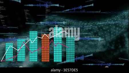 Displaying tiled bar cluster showing two overlaid lines in data dashboard, orange bar, code Stock Photo