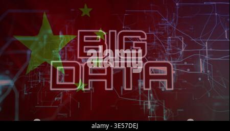 Displaying centered BIG DATA text glowing neon in red visual, with Chinese stars and circuit lines Stock Photo