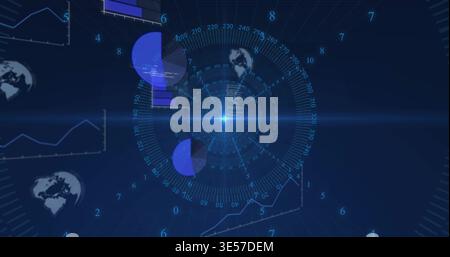 Displaying central radial HUD glowing on blue dashboard showing central flare, pie slices, globes Stock Photo