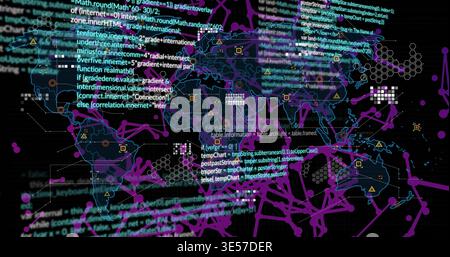 Showing translucent world network map in dashboard with floating code, node markers Stock Photo