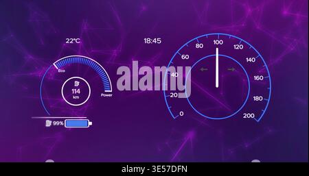 Displaying vehicle dash interface on purple network, showing right speedometer and left gauge 99% Stock Photo