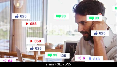 Holding phone, bearded man using laptop at cafe table in button shirt, social graphics, copy space Stock Photo