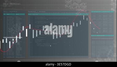 Displaying central terminal and candlestick chart on computer display, showing red trend line Stock Photo