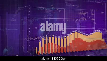 Displaying 3D stacked bar and line chart in digital dashboard, showing wireframe cube and labels Stock Photo
