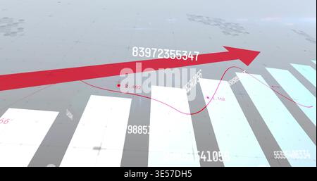 Displaying 3D chart rising across gray grid plane, with thick red arrow, red line, white bars Stock Photo